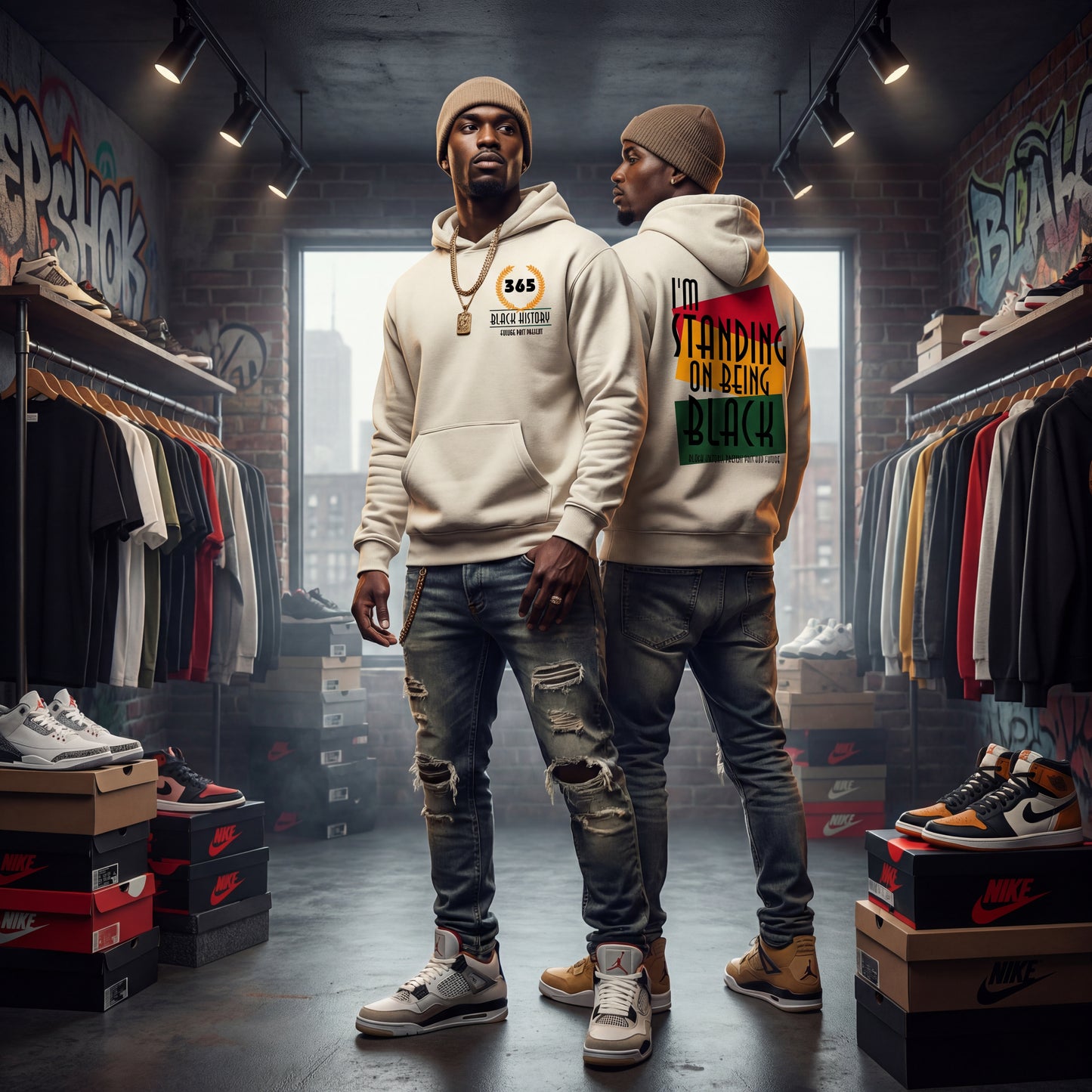 Two men wearing beige hoodies with text in a store setting.