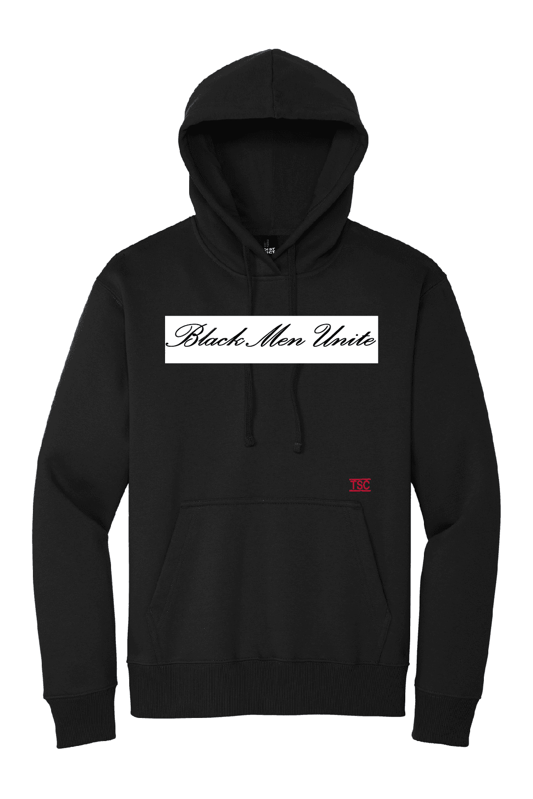 Black Premium 12oz Hoodie with 'Black Men Unite' script on chest, featuring front pouch pocket and drawstring hood. Ideal for stylish activewear.