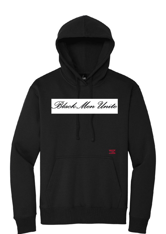 Black Premium 12oz Hoodie with 'Black Men Unite' script on chest, featuring front pouch pocket and drawstring hood. Ideal for stylish activewear.