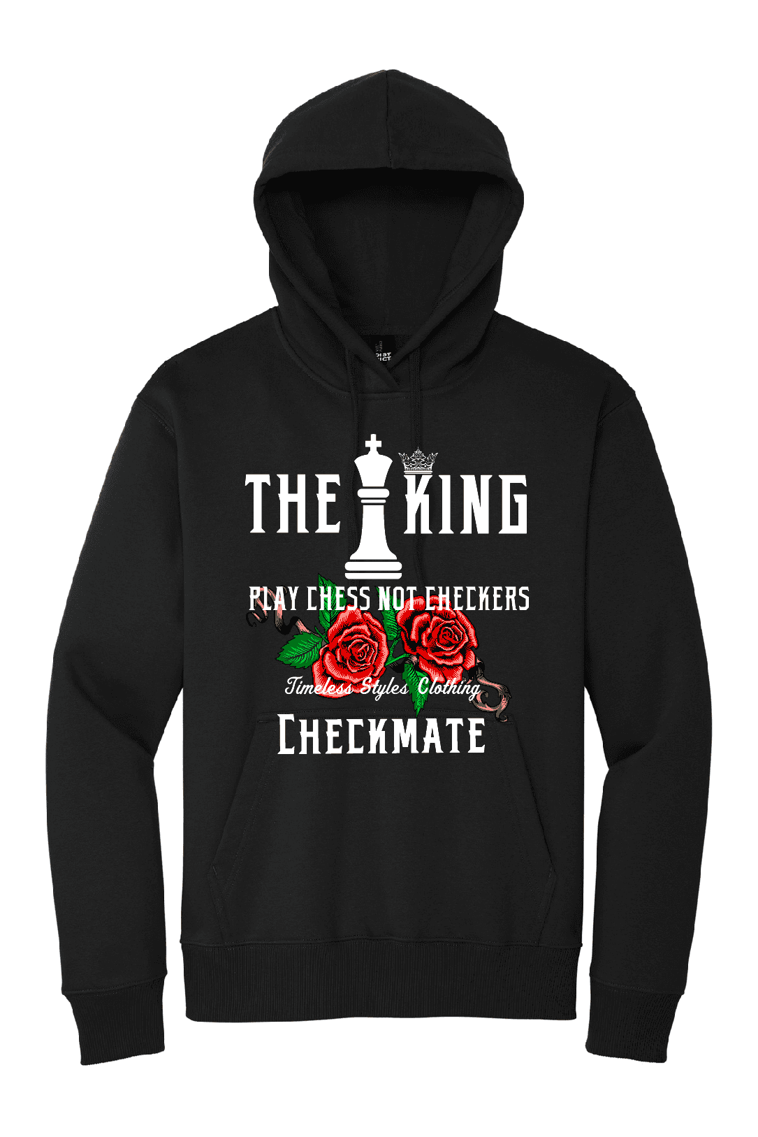 Black Premium 12oz Hoodie with 'True King Chess not Checkers’ script on chest, featuring front pouch pocket and drawstring hood. Ideal for stylish activewear.