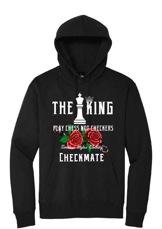 Black Premium 12oz Hoodie with 'True King Chess not Checkers’ script on chest, featuring front pouch pocket and drawstring hood. Ideal for stylish activewear.