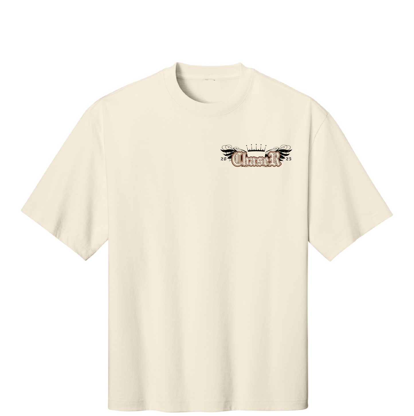 Beige t-shirt with a logo on a white background