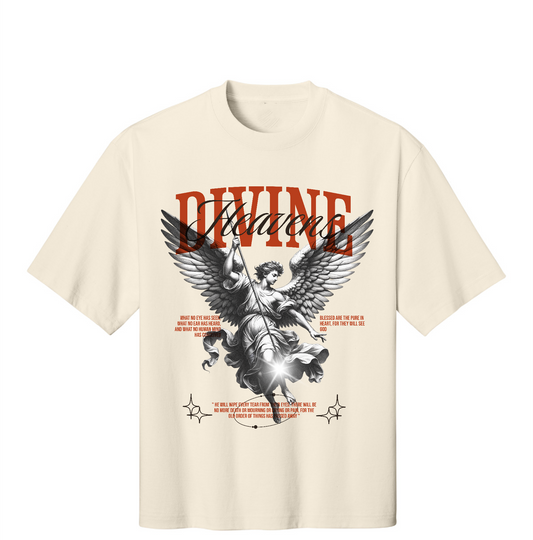 Beige t-shirt with graphic design and text on a white background