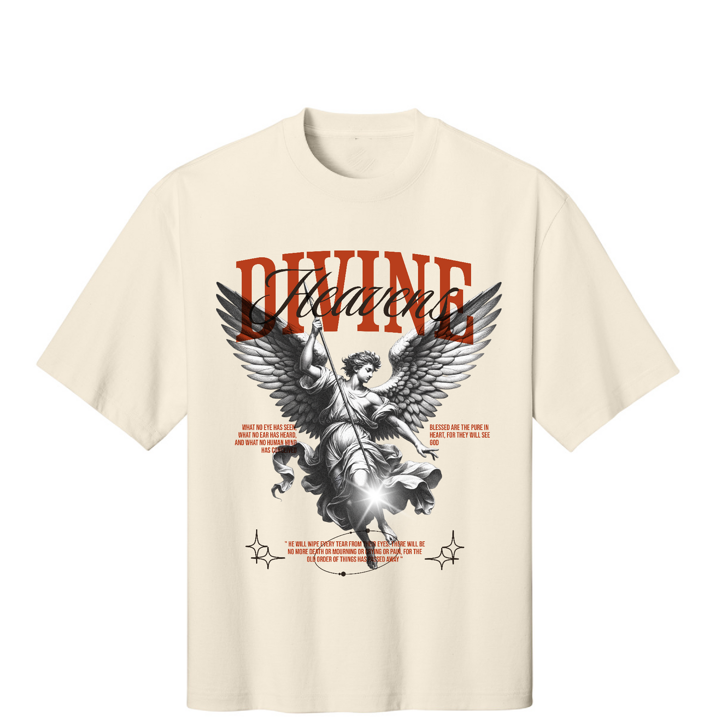 Beige t-shirt with graphic design and text on a white background