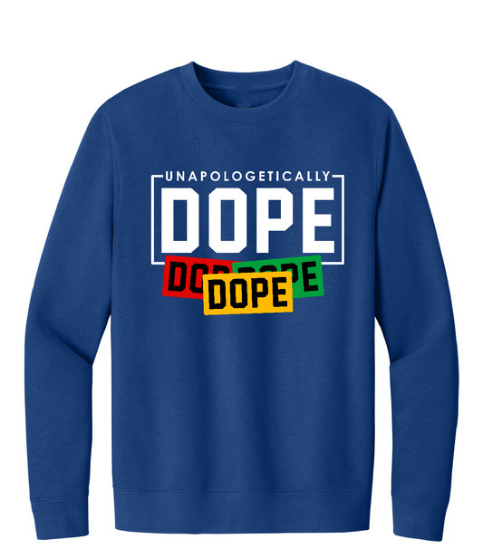 Blue long-sleeve shirt with colorful text design on a white background