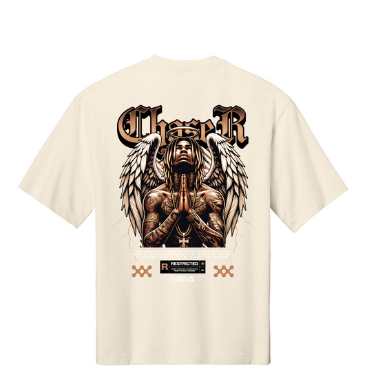 Beige t-shirt with a graphic design on the back featuring an angelic figure and text.