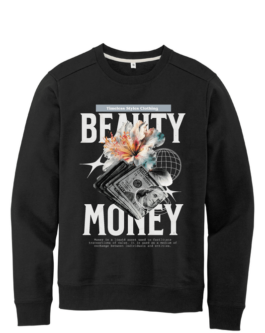Black fleece sweatshirt with a graphic print of a house and text reading 'Beauty Money' on the front.