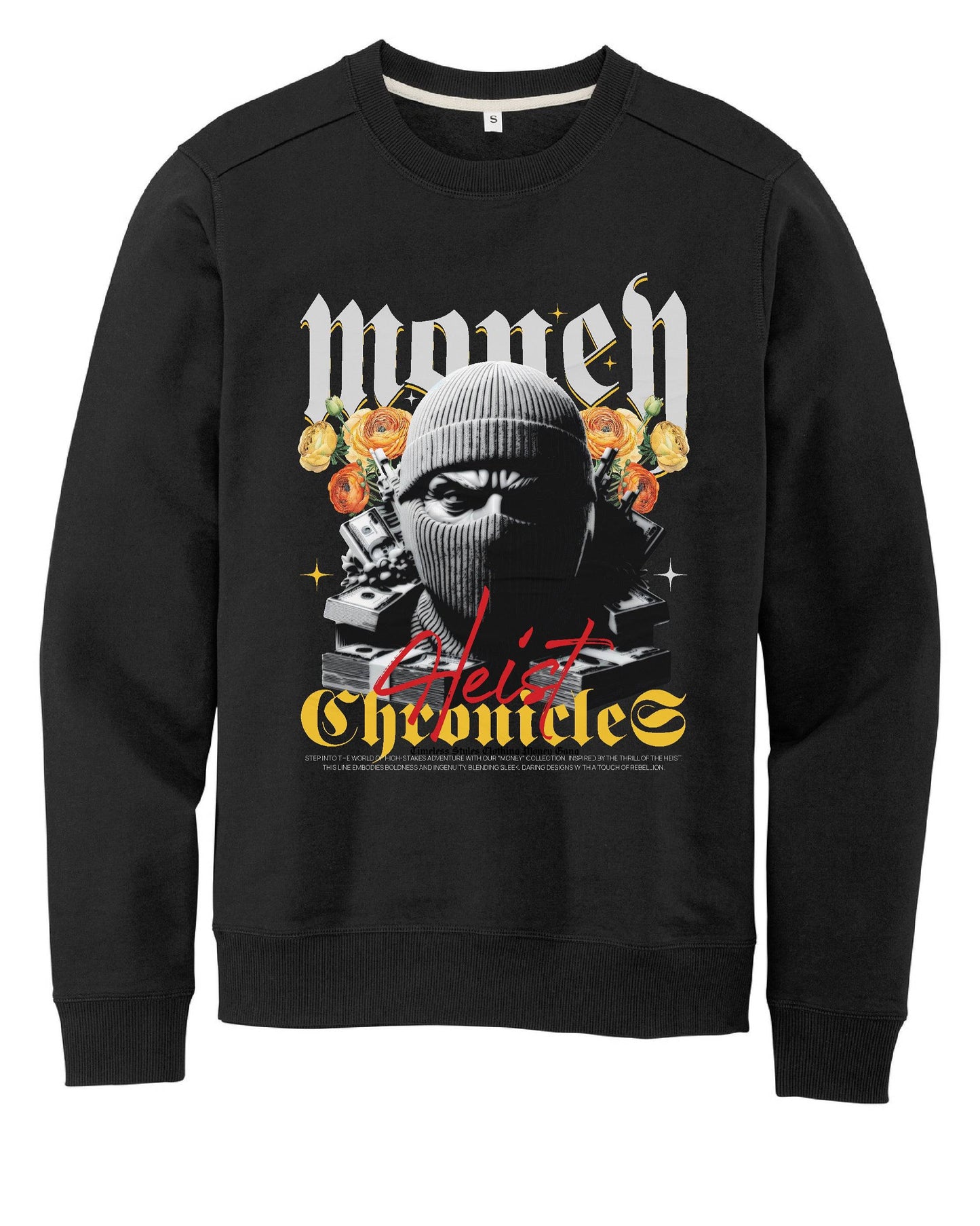 Black Money Heist Fleece TruGenX Timeless Styles Sweatshirt featuring a masked figure, roses, and bold typography for streetwear fashion appeal.