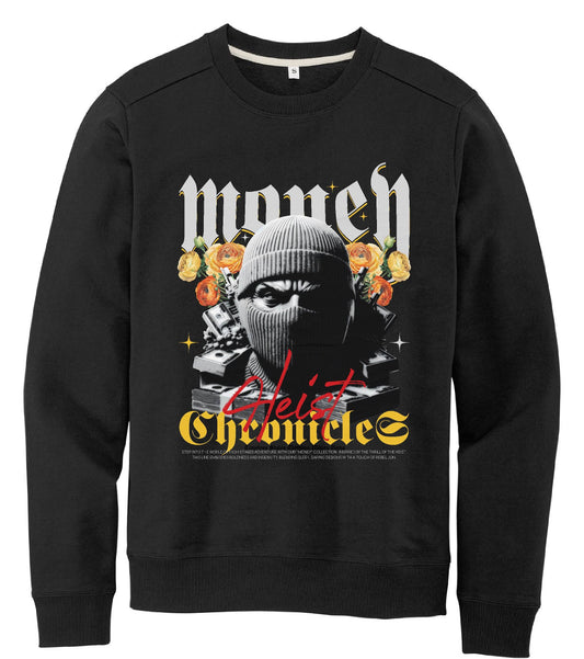 Black Money Heist Fleece TruGenX Timeless Styles Sweatshirt featuring a masked figure, roses, and bold typography for streetwear fashion appeal.