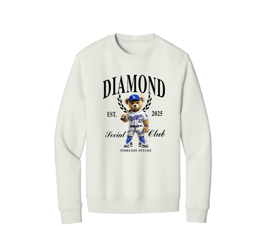 White sweatshirt with bear graphic and text on a white background