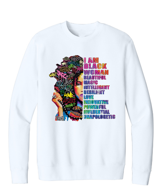 White sweatshirt with a colorful design of a woman's face and text on a white background