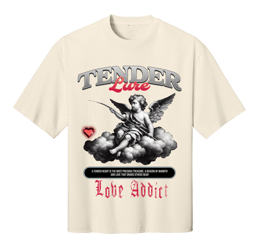 Beige t-shirt with graphic design featuring an angel and text on a white background