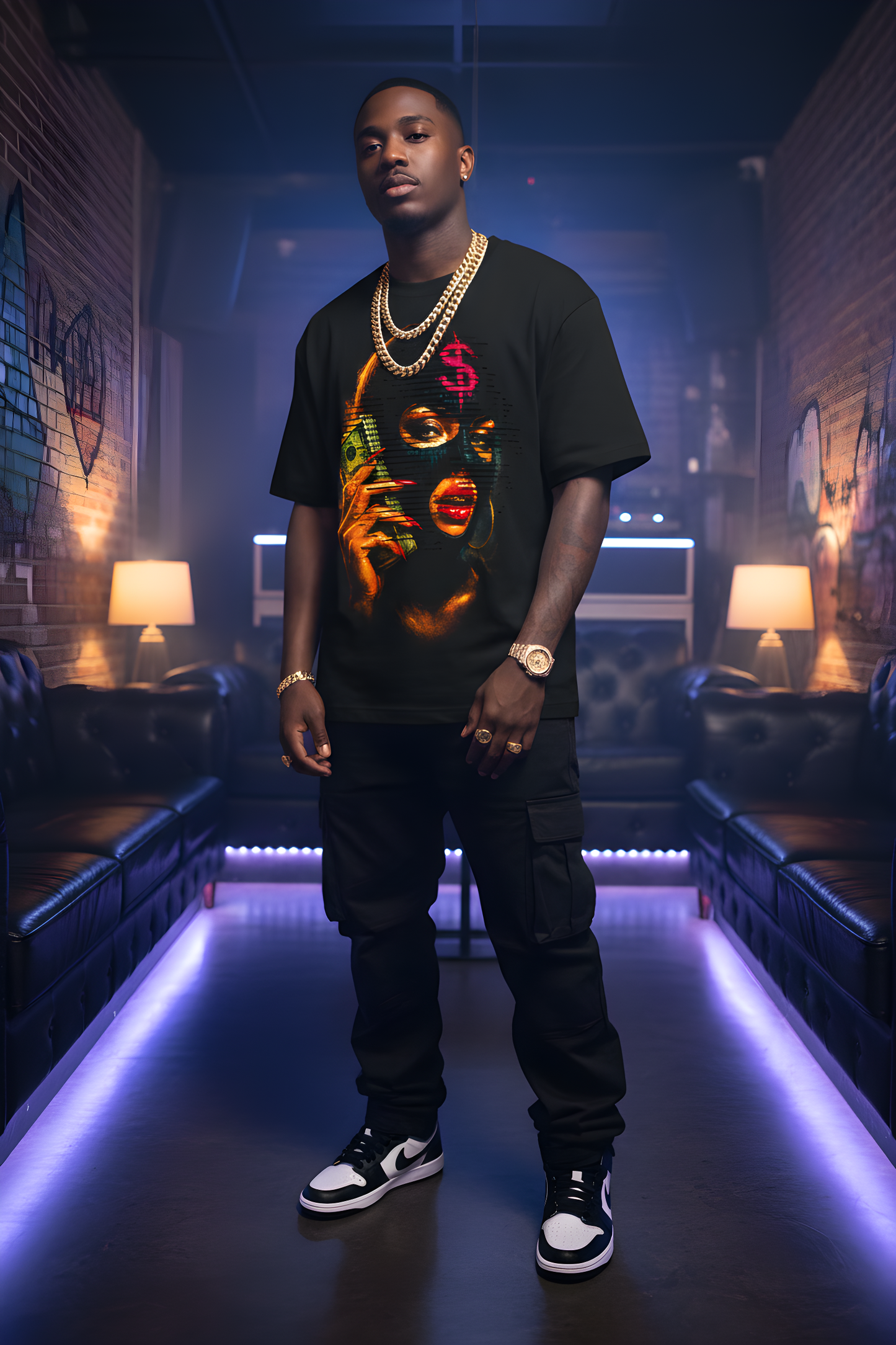 Man wearing a black t-shirt with colorful graphics in a dimly lit room with graffiti walls.