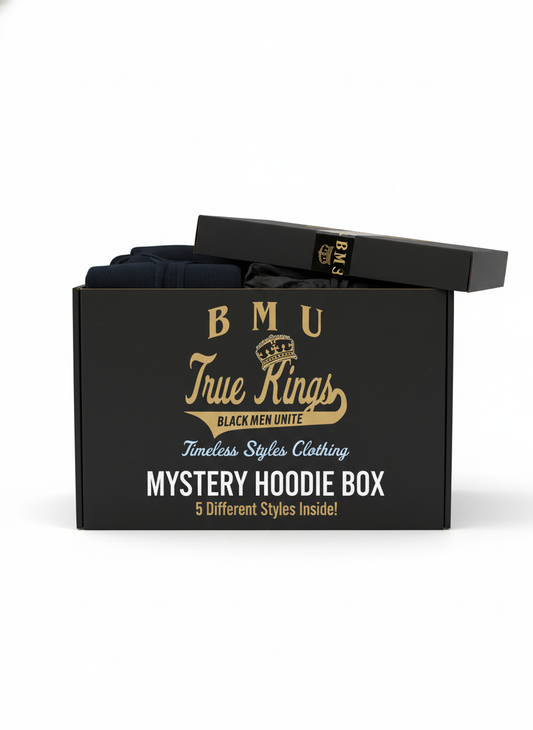 Black mystery hoodie box with gold text on a white background