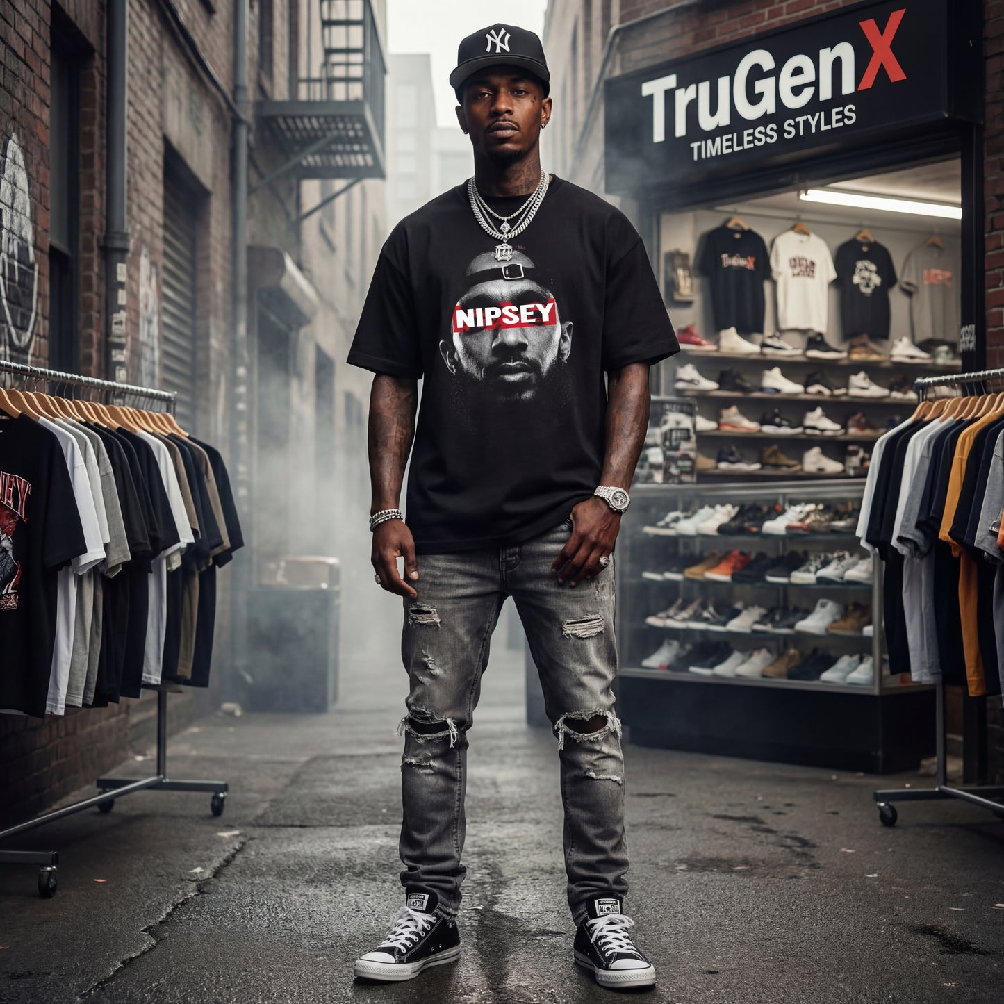 Man wearing a black t-shirt with a graphic design in front of a clothing store named TruGenX.