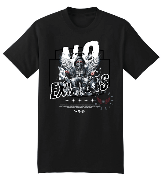 Oversize Heavyweight Crewneck T-shirt in black featuring bold 'No Excuses' graphic with angel wings and streetwear design elements.