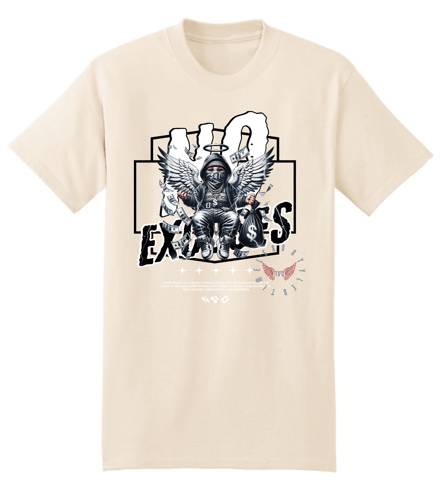 Oversize Heavyweight Crewneck T-shirt in beige featuring bold 'No Excuses' graphic with angel wings and streetwear design elements. Premium street fashion tee for men.