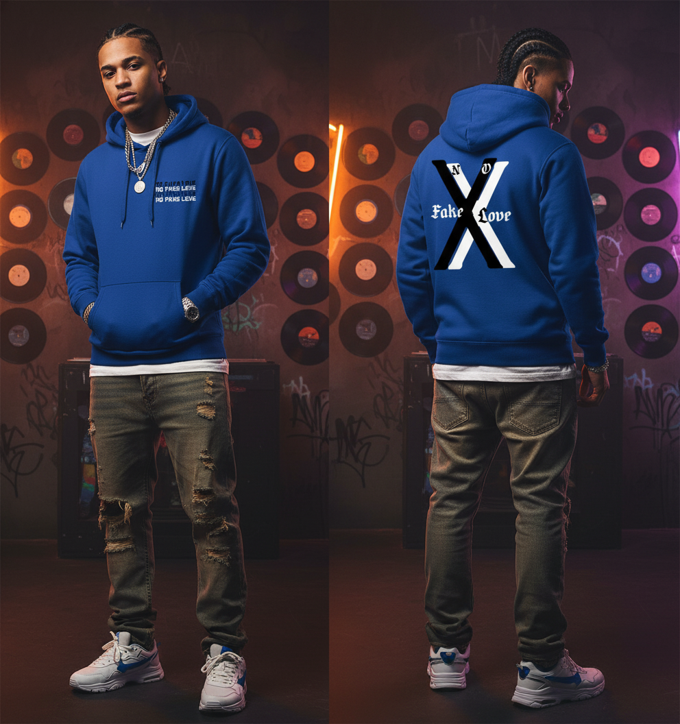 Person wearing a blue hoodie with text on the front and back, standing against a dark background with vinyl records.