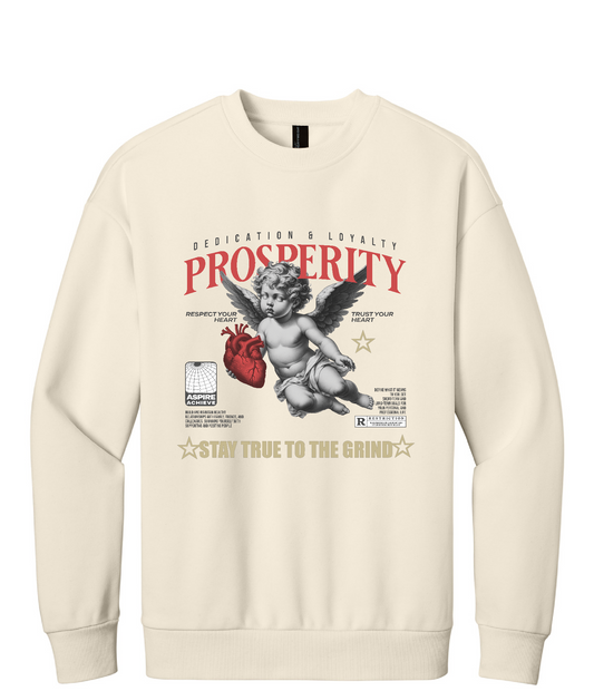 Beige sweatshirt with an angel graphic and text on a white background