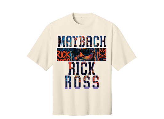 Beige t-shirt with 'Maybach Rick Ross' text design on a white background