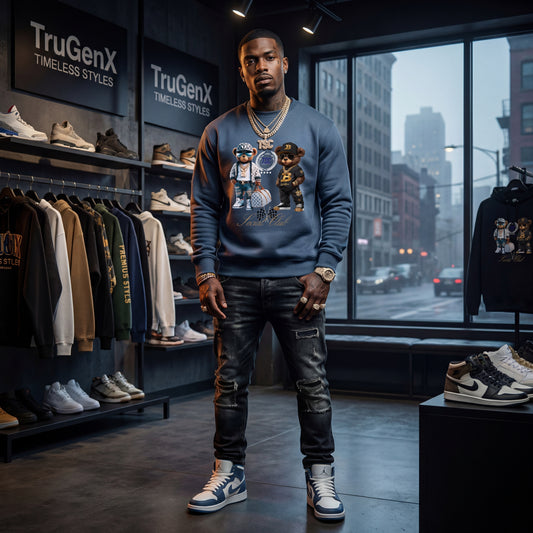 Man standing in a clothing store with 'TruGenX' branding