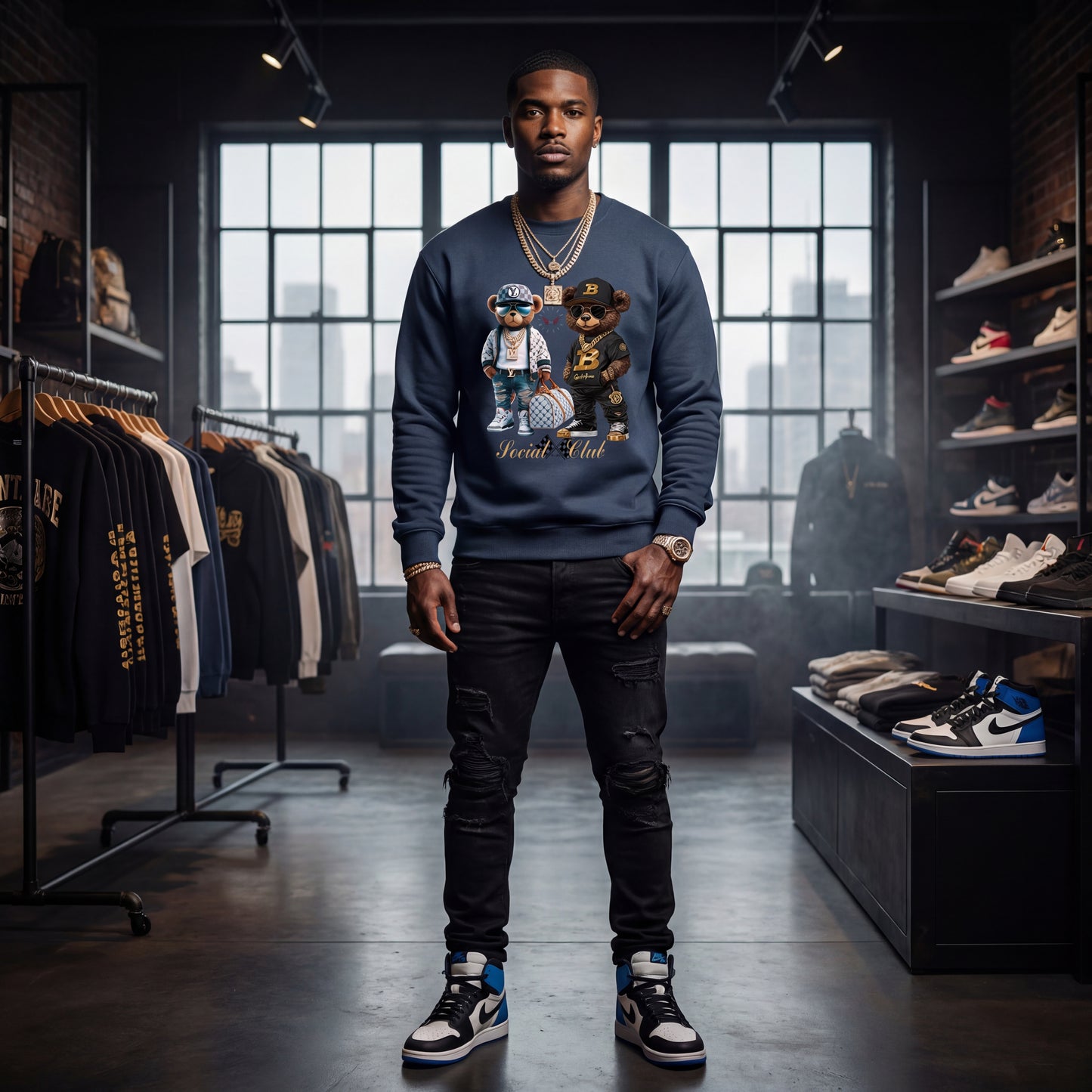 Man wearing a blue sweatshirt with graphic design in a clothing store.