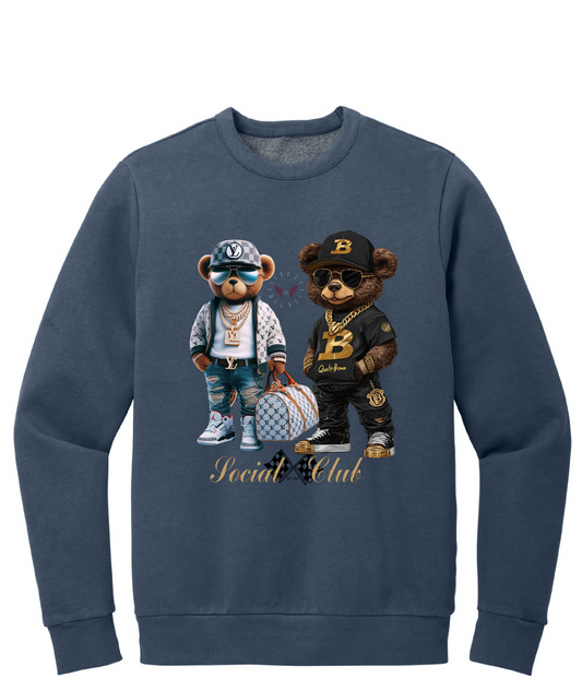 Navy sweatshirt with graphic of two bears and 'Social Club' text on a white background