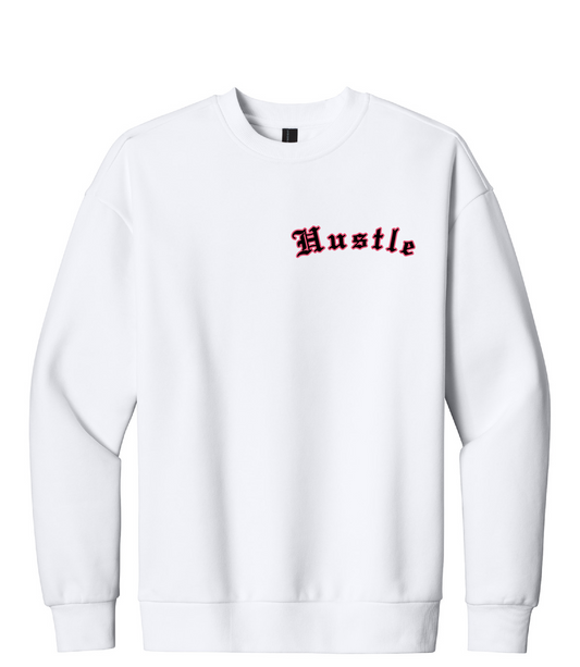 White sweatshirt with 'Hustle' text in red on a white background