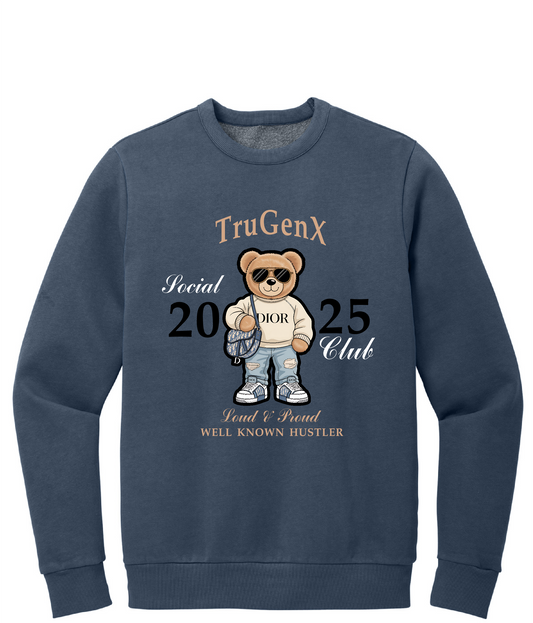 Navy blue sweatshirt with a teddy bear graphic and text on a white background