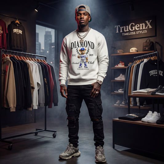 Man wearing a white sweatshirt with a graphic design in a clothing store with 'TruGenX' branding.