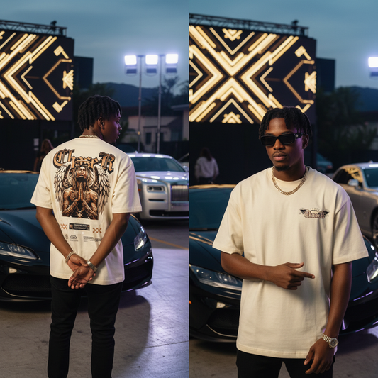 Man wearing a cream t-shirt with graphic design in a parking lot with cars and lights.