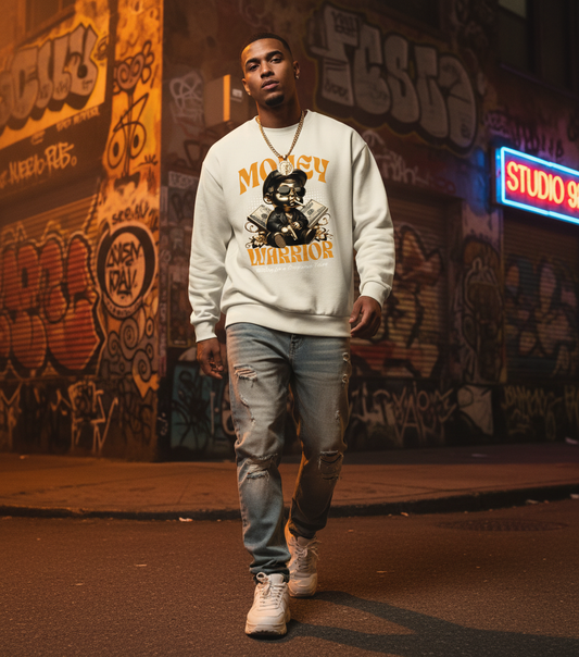 Man wearing a white sweatshirt with graphic design walking in front of a graffiti-covered wall.