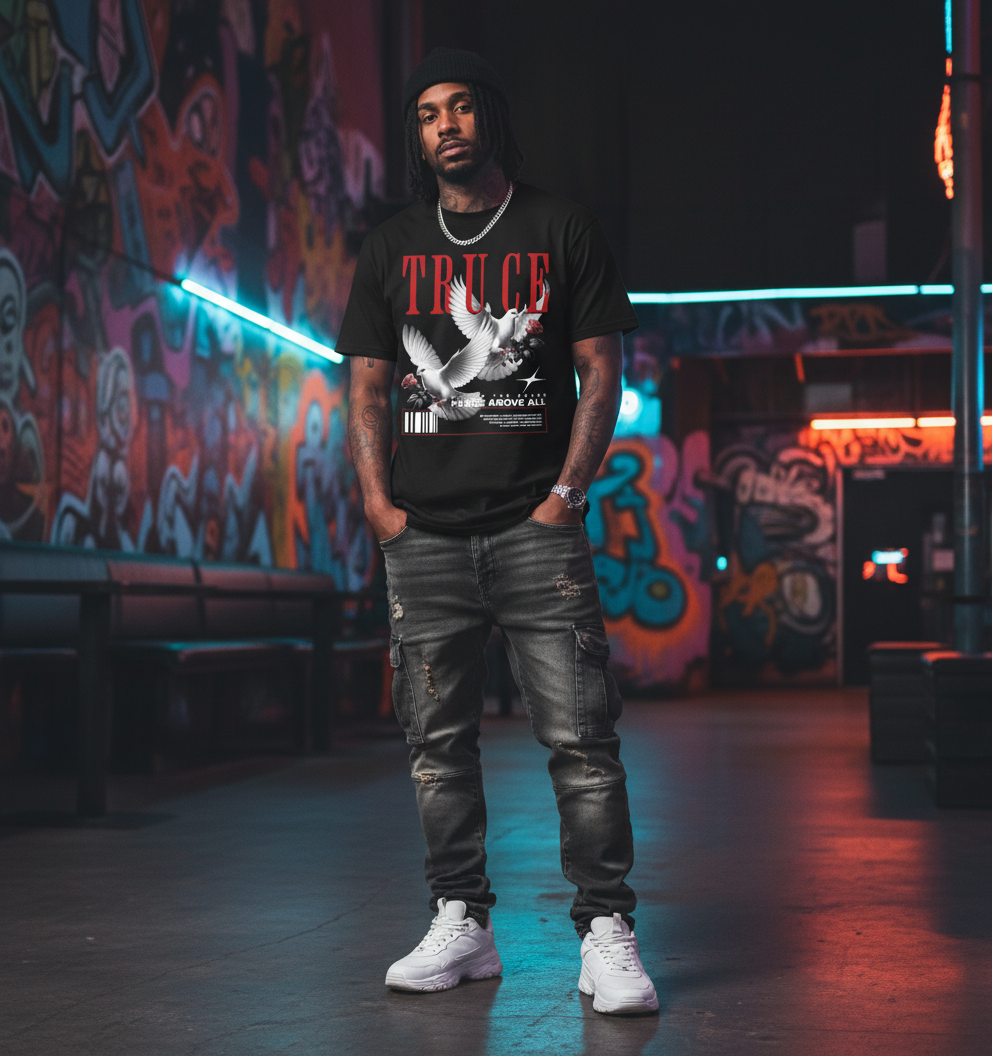 Man wearing a black t-shirt with 'TRUCE' and graphic design, standing in a graffiti-laden urban setting.