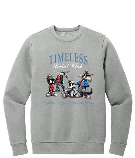 Gray sweatshirt with cartoon characters and 'Timeless Social Club' text on a white background