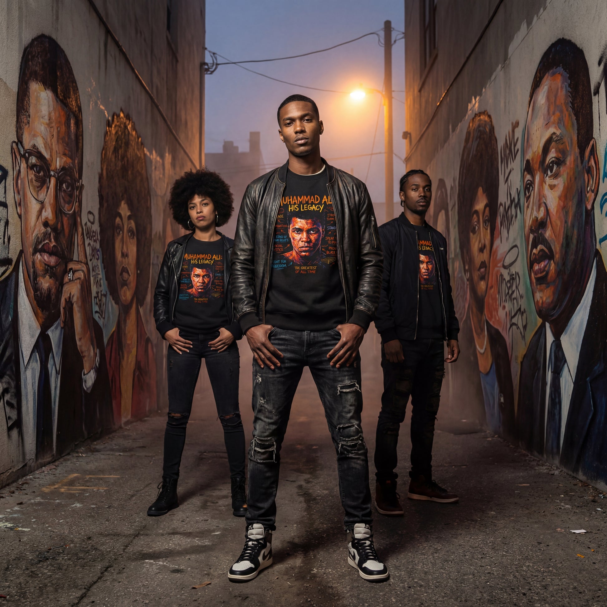 Three people standing in an alley with mural art on the walls.