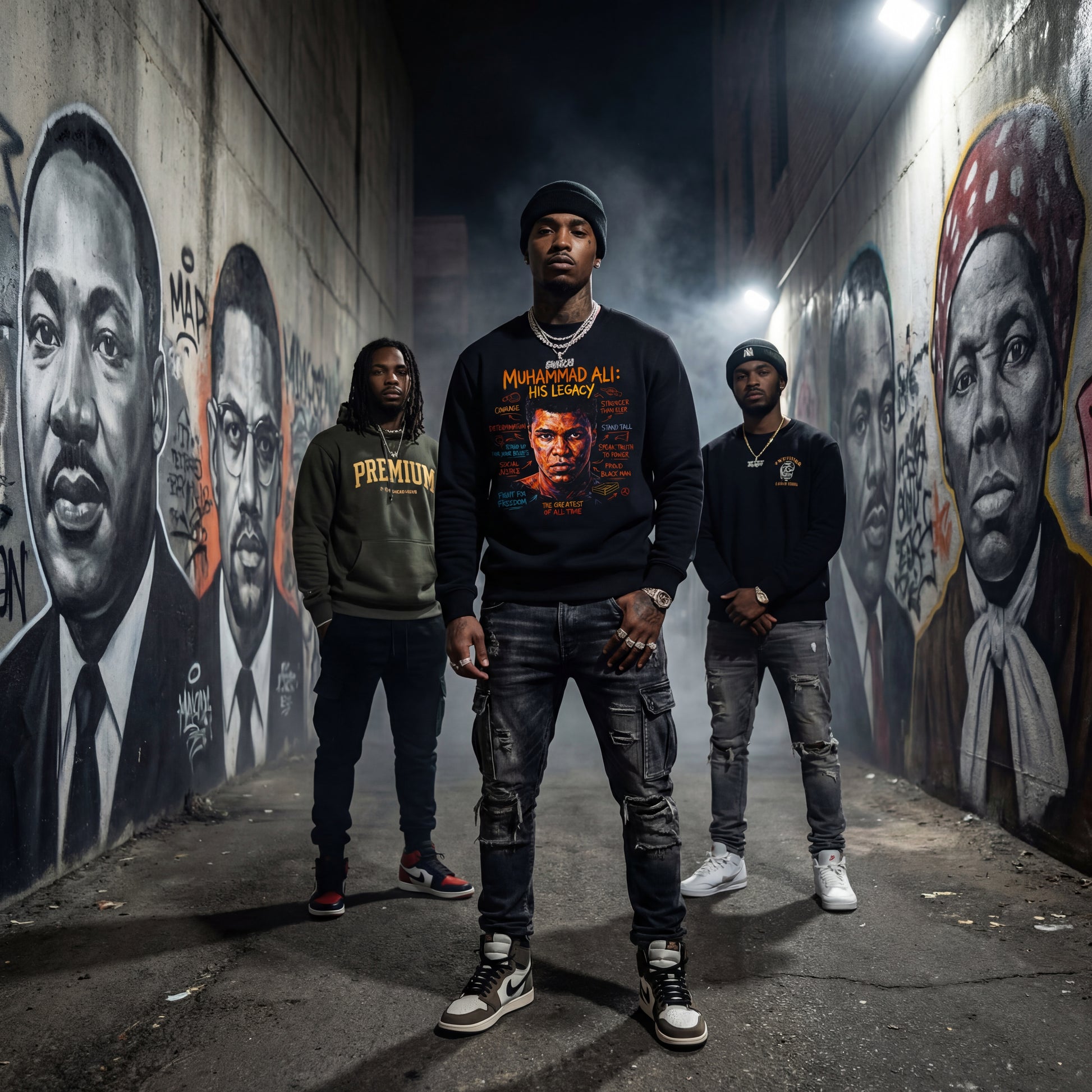 Three men standing in a tunnel with murals of historical figures on the walls.