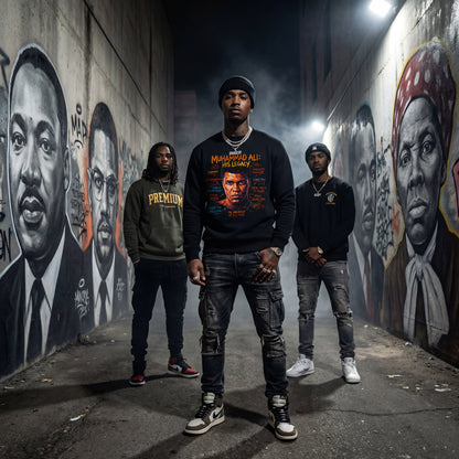 Three men standing in a tunnel with murals of historical figures on the walls.