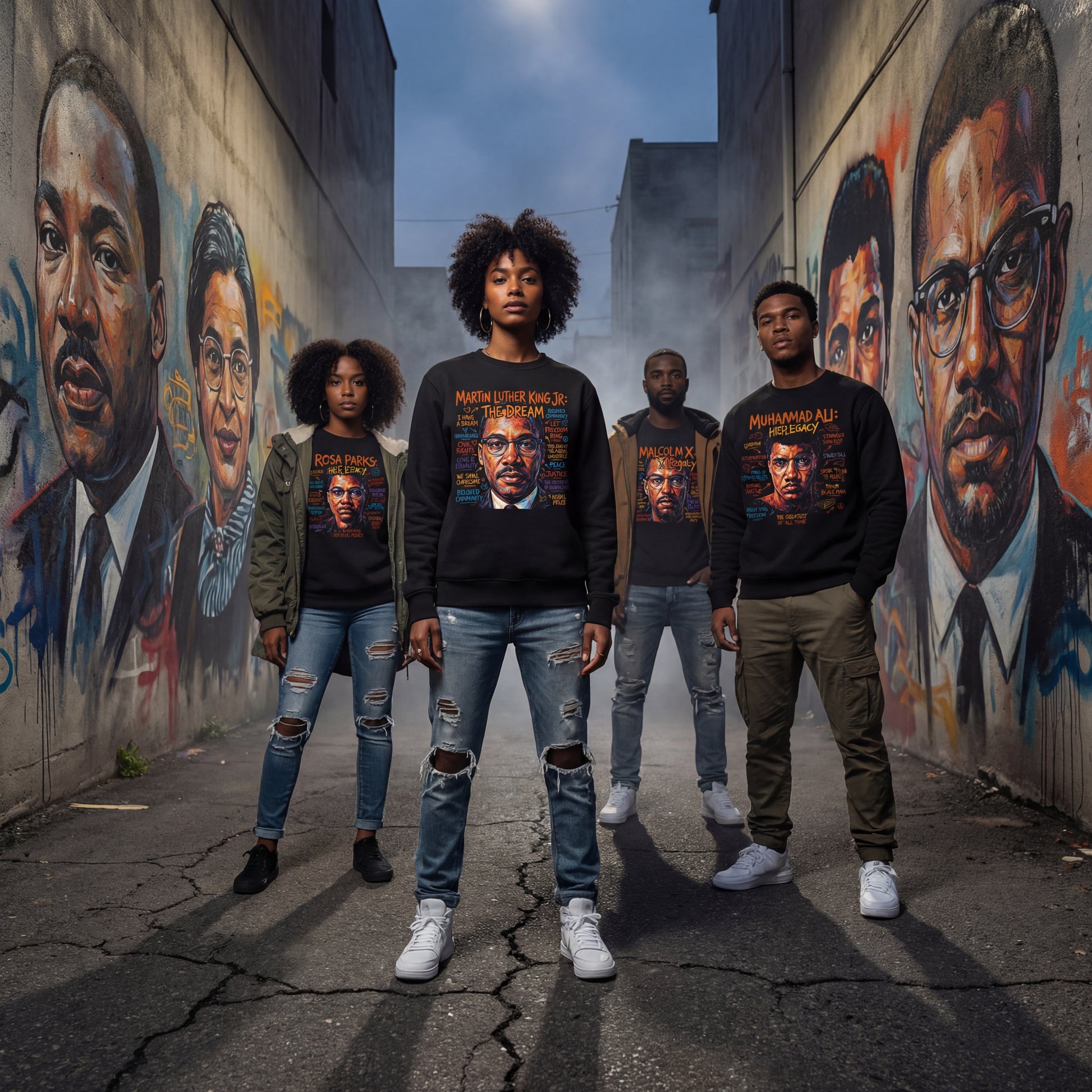 Group of people standing in an alley with murals of historical figures on the walls.