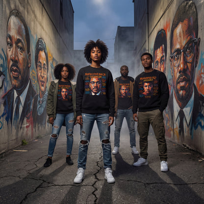 Group of people standing in an alley with murals of historical figures on the walls.