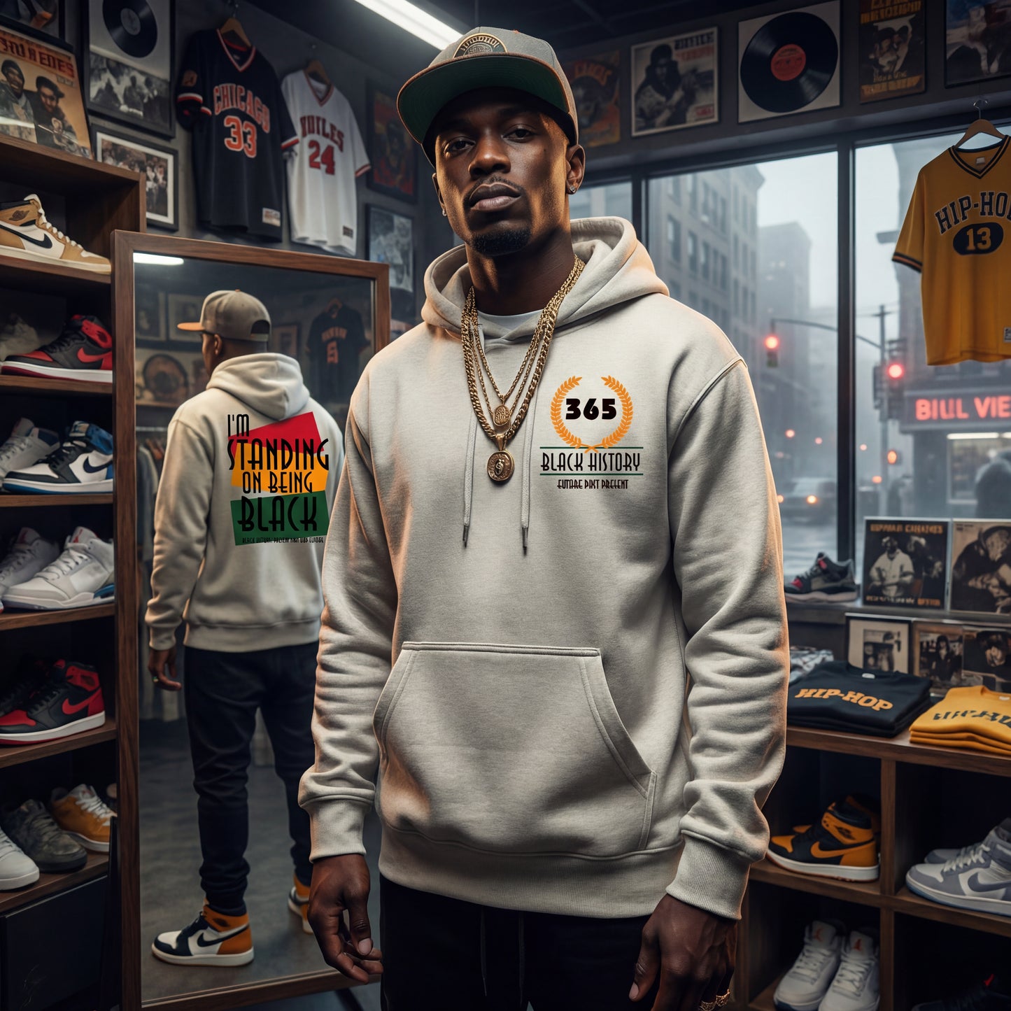 Man wearing a hoodie with a visible brand logo in a store setting