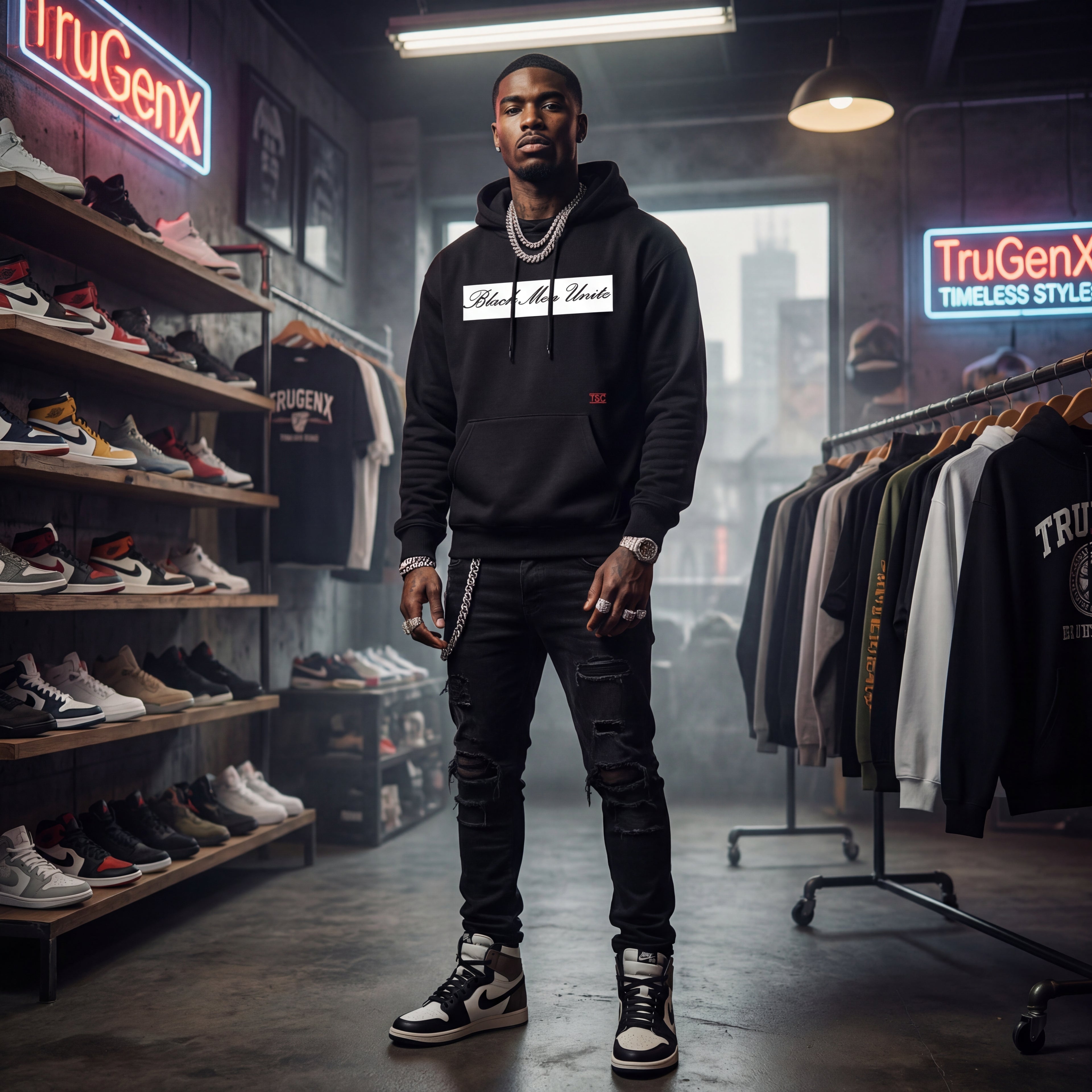 Man in a black hoodie standing in a clothing store with shelves of shoes and clothing.