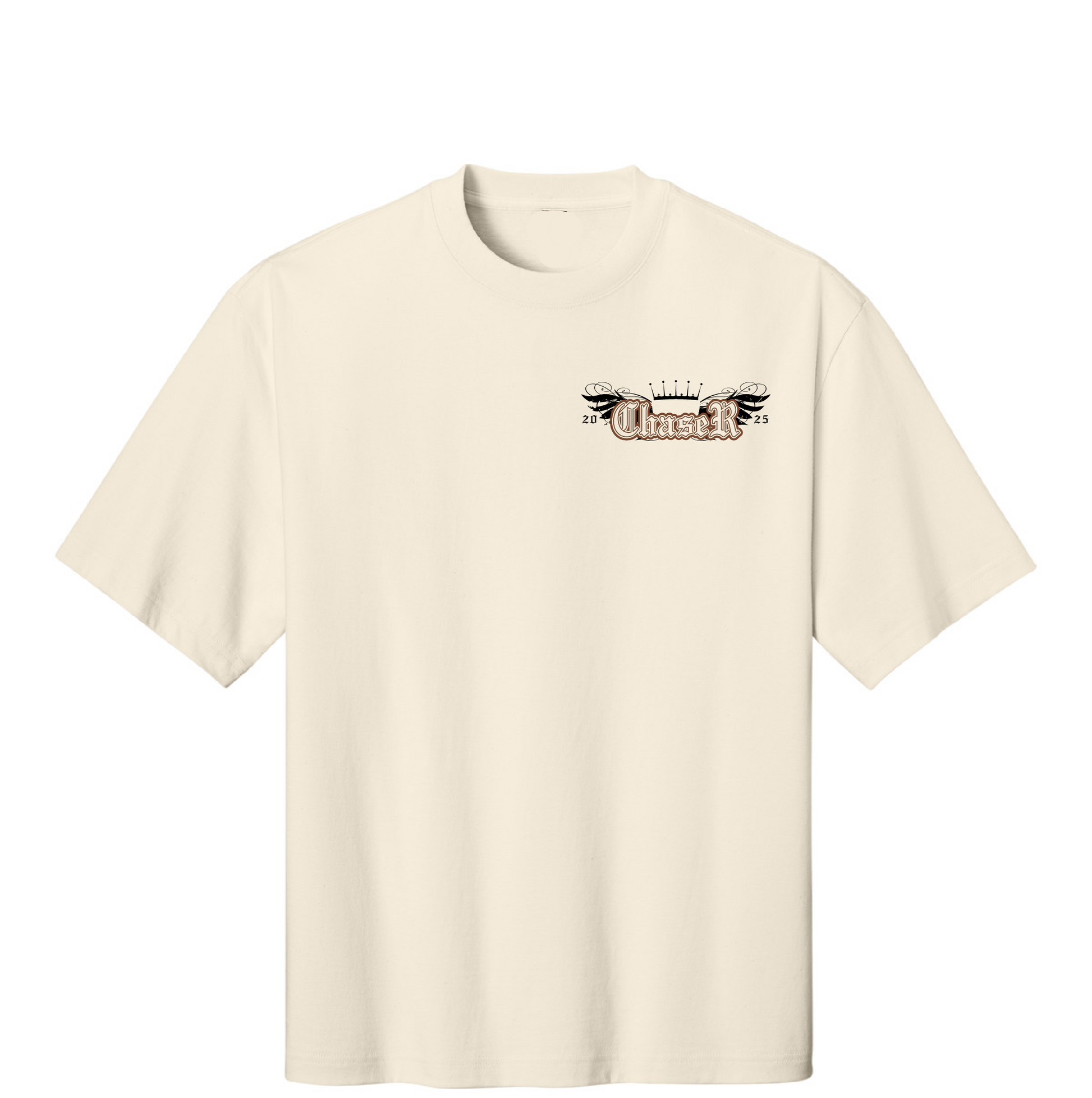 Beige t-shirt with a logo on a white background