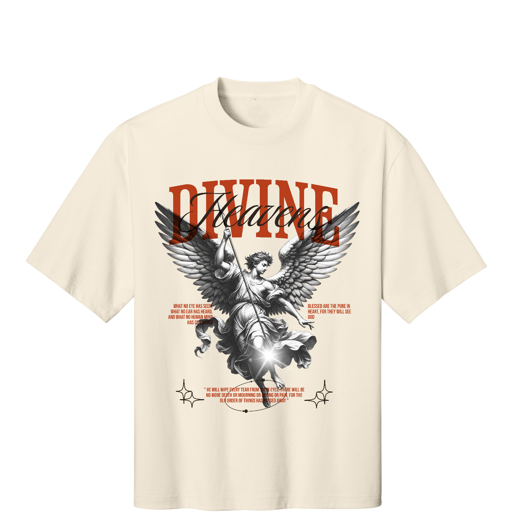 Beige t-shirt with graphic design and text on a white background