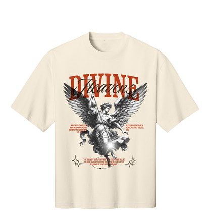 Beige t-shirt with graphic design and text on a white background