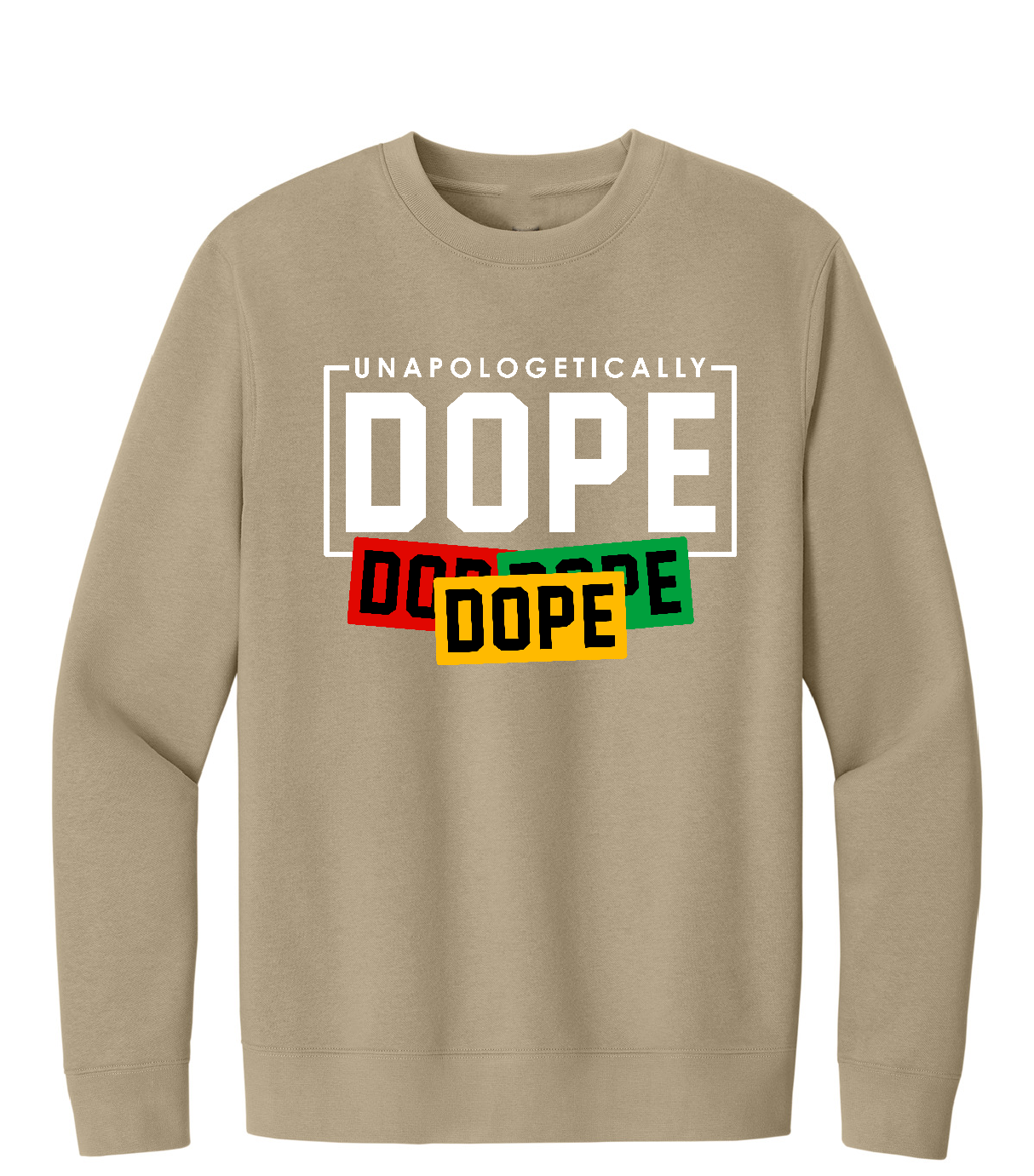 Desert Tan long-sleeve shirt with colorful 'Dope' graphic on a white background