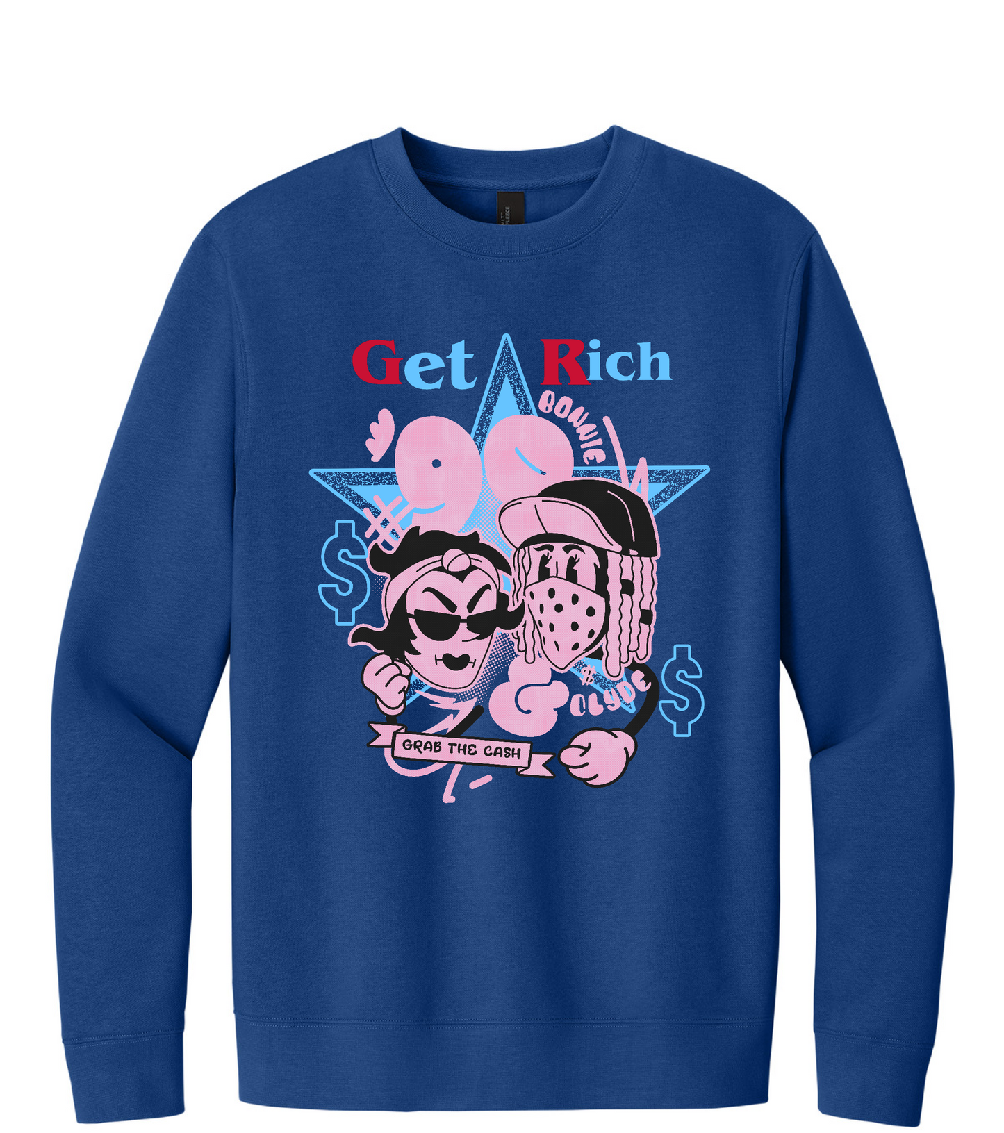 Blue long-sleeve shirt with graphic design and text on a white background