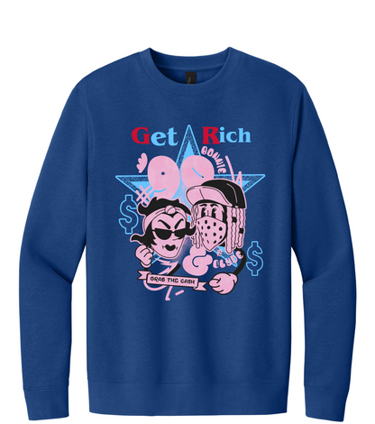 Blue long-sleeve shirt with graphic design and text on a white background