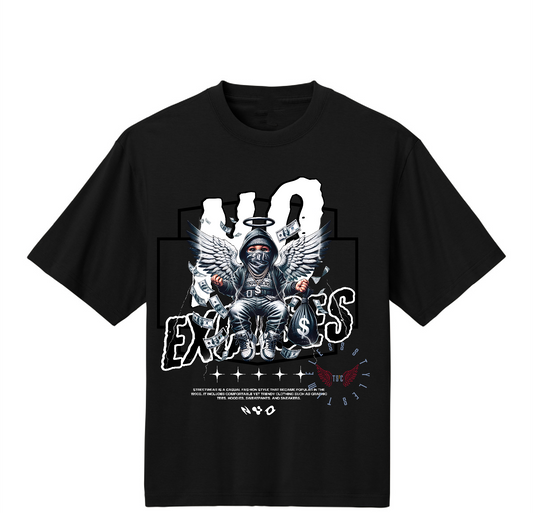 Black t-shirt with graphic design and text on a white background