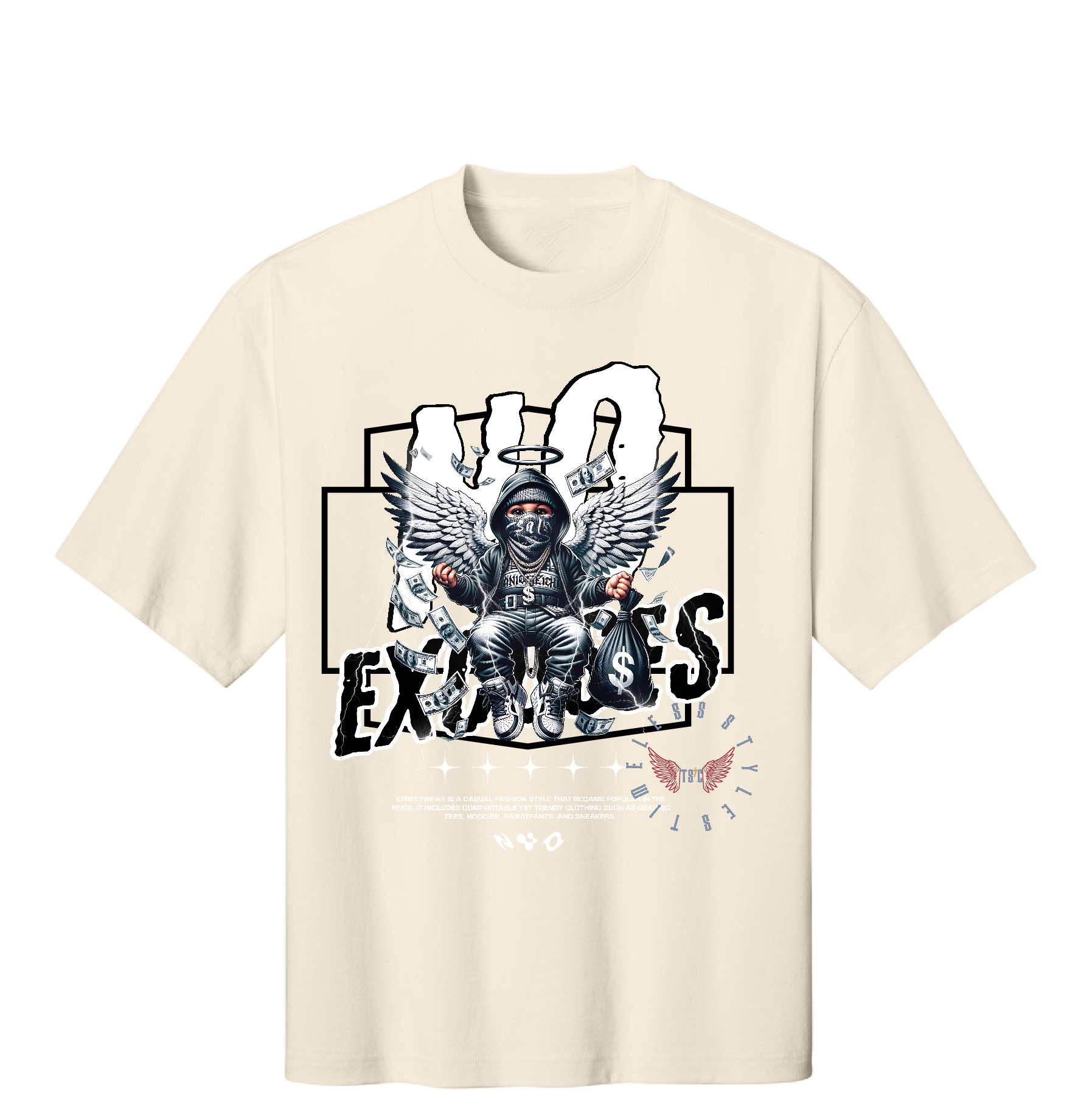 Beige t-shirt with graphic design and text on a white background