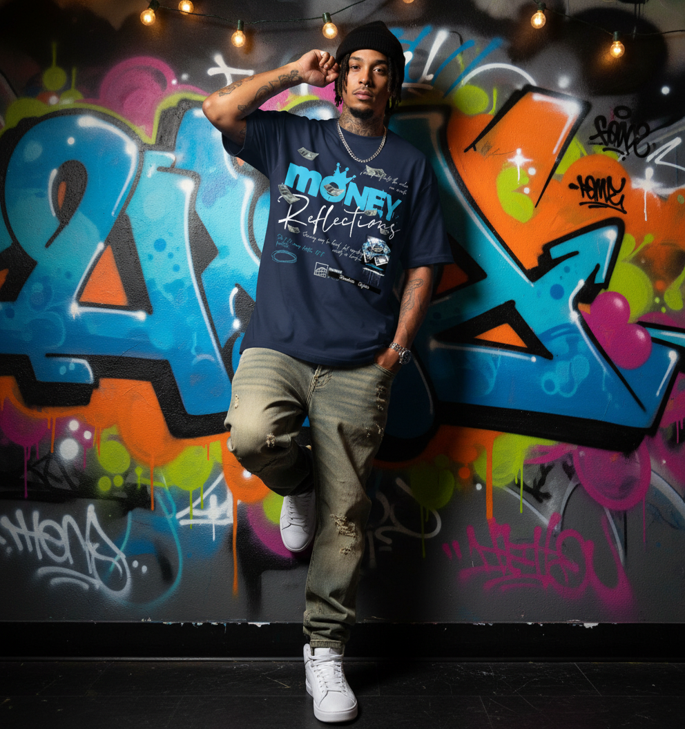 Person wearing a dark blue t-shirt with text standing in front of a colorful graffiti wall.